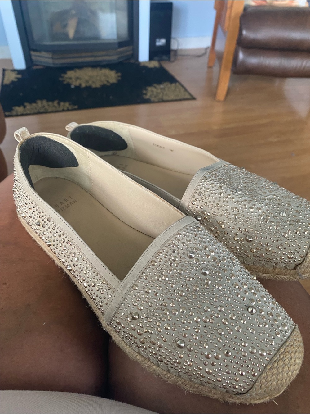 Stuart Weitzman Crystal-Embellished Cream Espadrille Slip-Ons